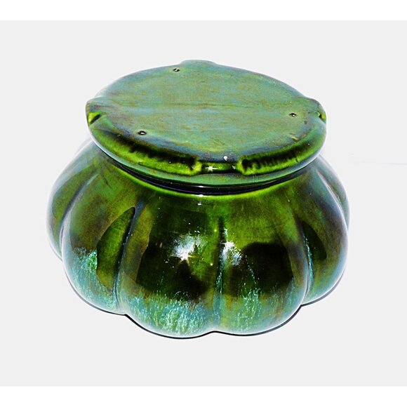 Vintage Green Drip Glazed lotus blossom Round Ceramic Bowl Planter - Picture 3 of 6